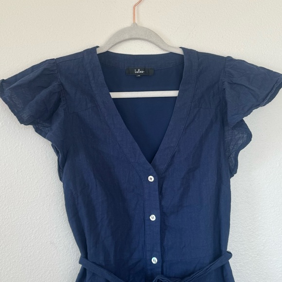 Lulus Daytime Dreamer Navy Blue Flare Dress Flutter Sleeve Belted Cotton M NEW - Picture 3 of 9